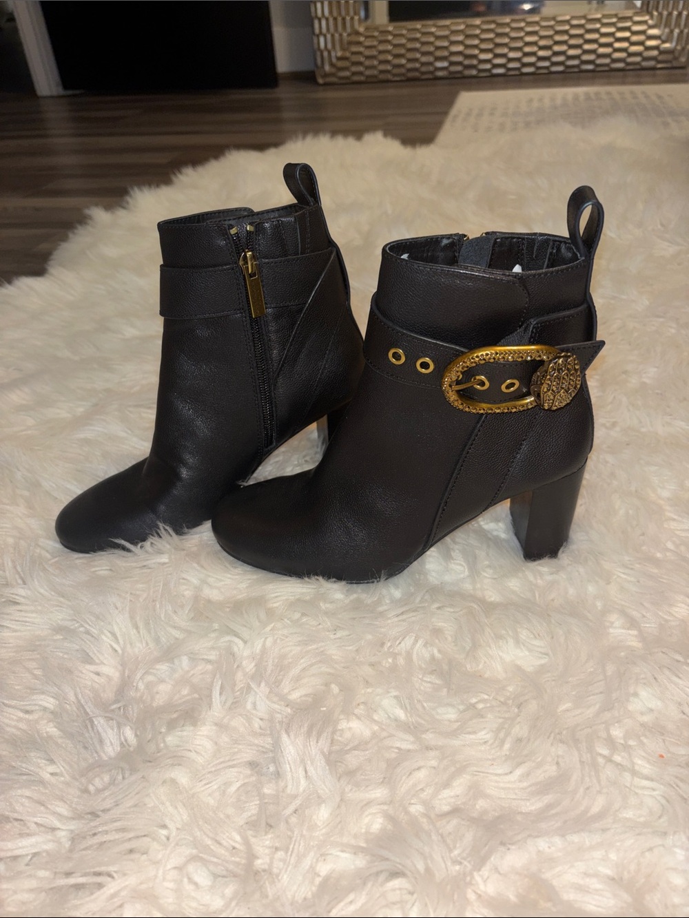 Kurt Geiger Black Ankle Booties with Gold Decorative Buckle